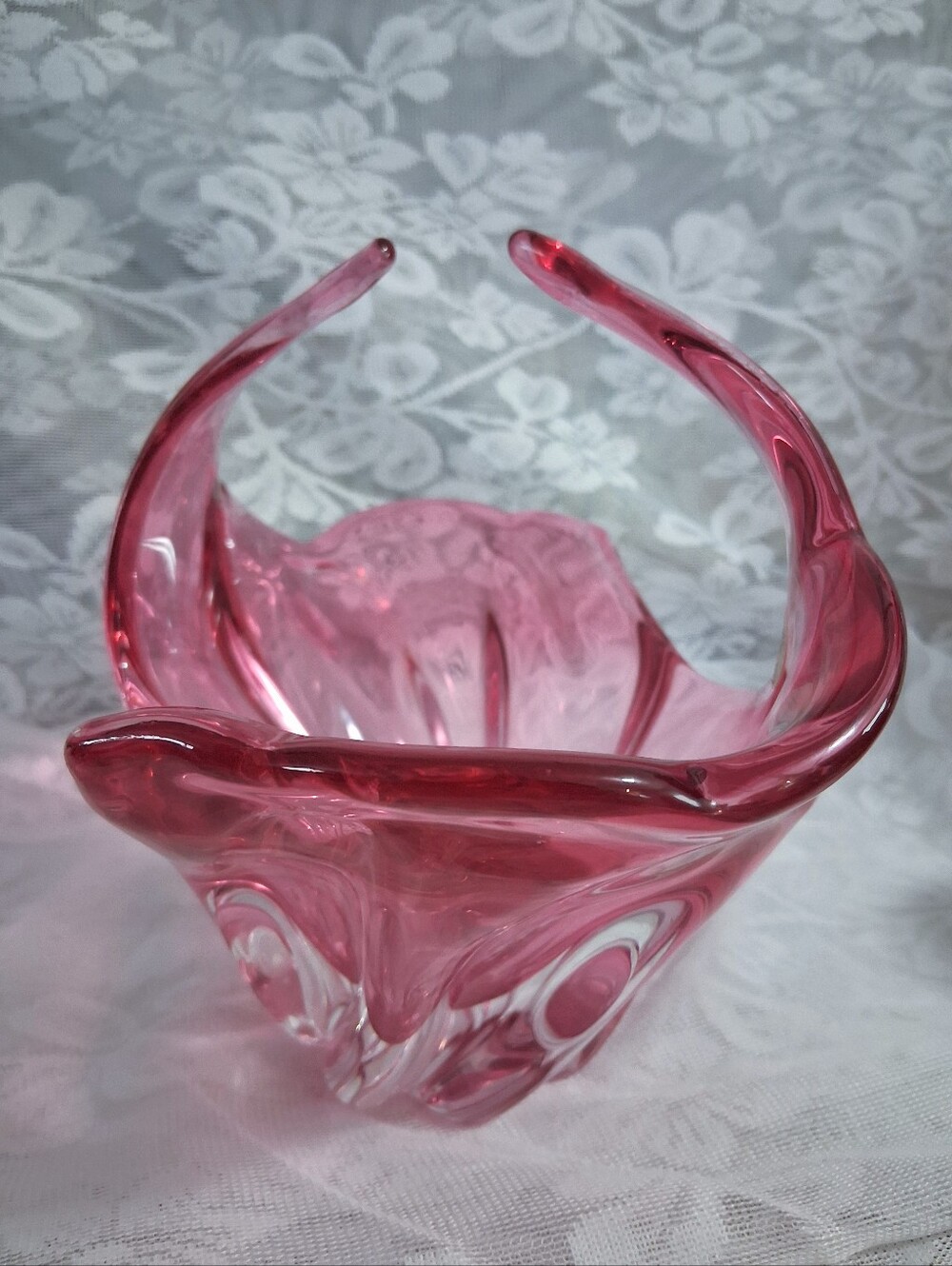 Vintage Bohemian Art Glass Basket Cranberry Clear Cased Glass Mid Century Czech - Picture 6 of 16